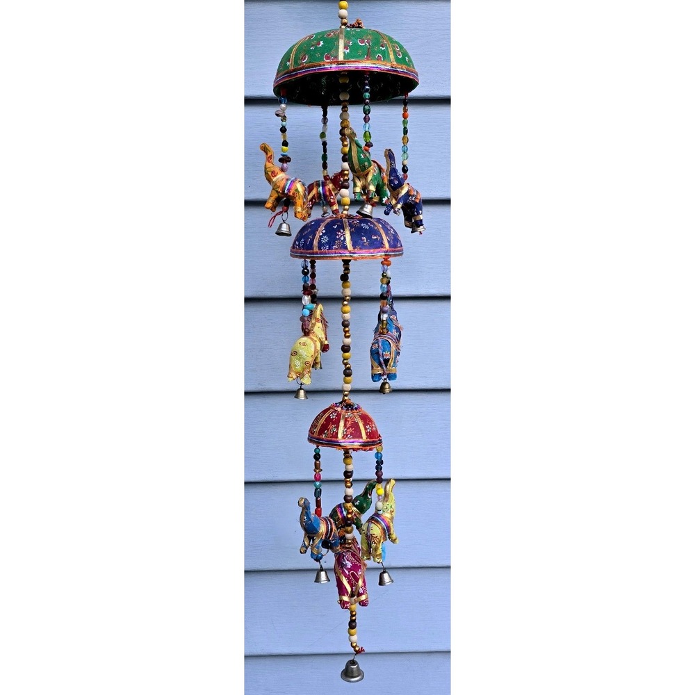 Handmade Fabric Beaded Umbrella Lucky Elephant Rajasthani Hanging 3‎ Tier 26"